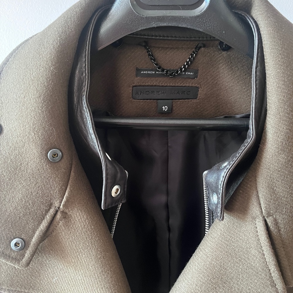 Wool jacket with leather sleeves, size 10, like new
